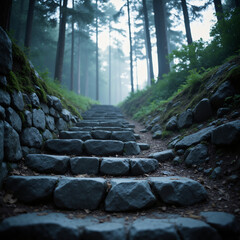 A set of stone steps leading up to a forest.