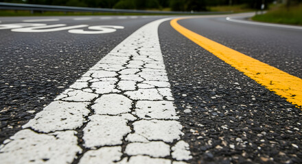 Highway Asphalt Close Up With Cracked White And Yellow Road Lines