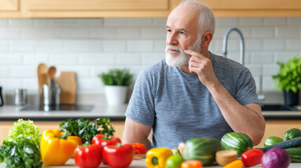 Fototapeta premium Elderly senior man choosing green salad for lunch, embracing healthy lifestyle habits and mindful nutrition in his senior years with calm joy