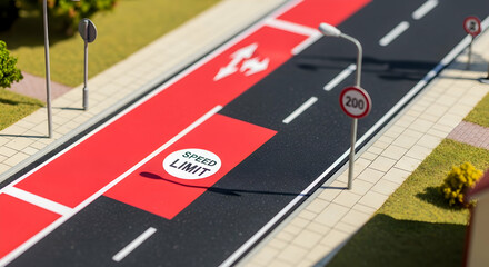 Miniature Road with Speed Limit Sign, Lane Markings, and Traffic Control Elements