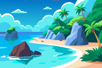 Fototapeta premium Tropical island paradise with swaying palm trees on a sunny beach, perfect for a summer vacation