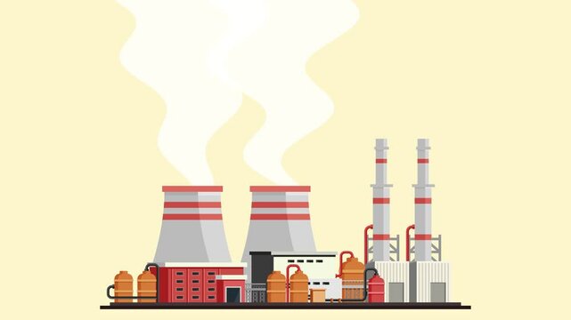 nuclear power plant with atomic reactors smokestack emission animation, smoking 2d cartoon animated loop 4k nuclear weapon war concept background