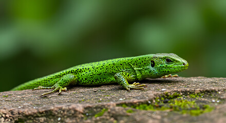 Fototapeta premium Vibrant green lizard resting on a textured log with blurred green background, close-up of a colorful reptile, detailed scales, wildlife photography