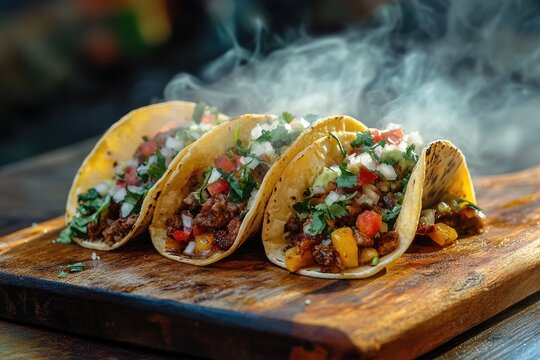 Three sizzling tacos on a wooden board, steam rising