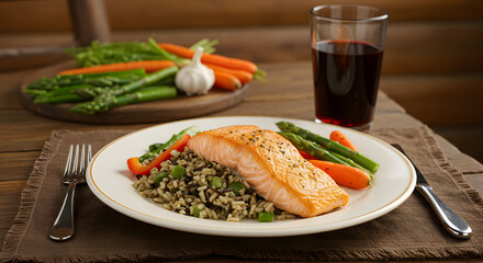 Grilled salmon with wild rice and sautéed vegetables, served with a glass of red wine on a rustic wooden table, healthy and delicious dinner option