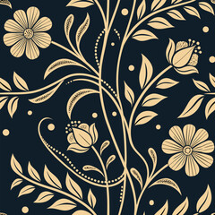 Elegant floral pattern with golden flowers and leaves on a dark background
