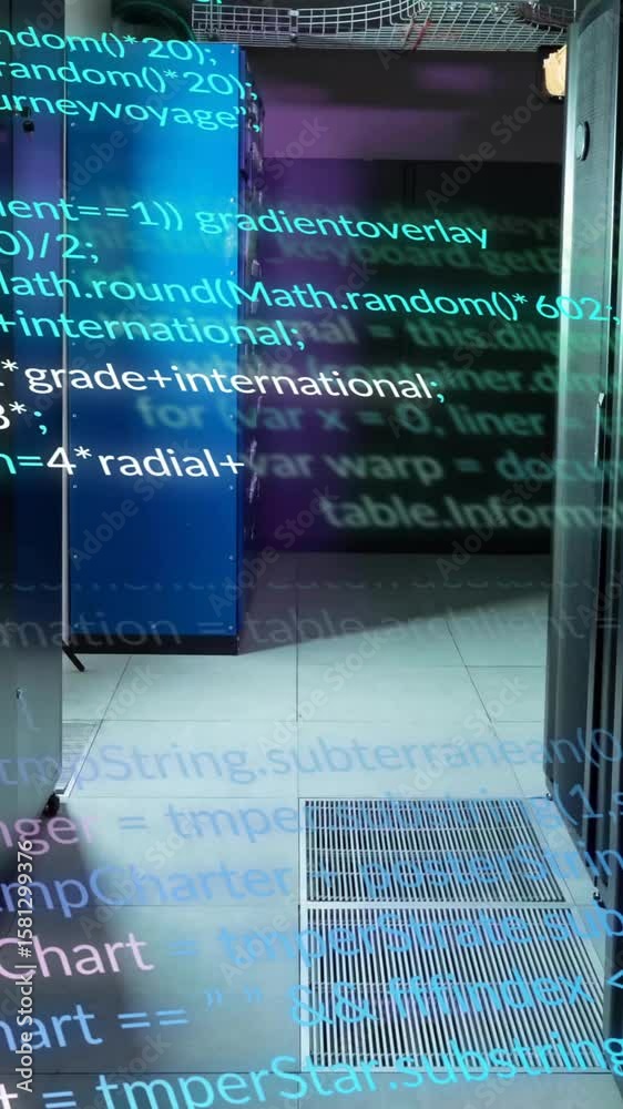 Poster animation of multicolored computer language over data server room