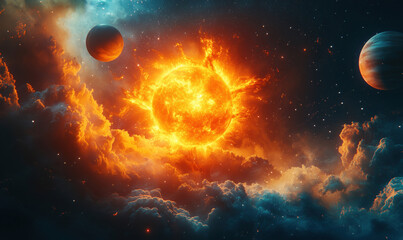 Stunning cosmic scene featuring a vibrant sun surrounded by planets and colorful clouds.