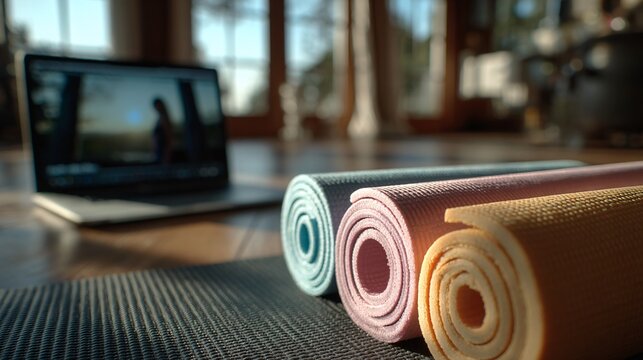 A Fitness Enthusiast Engaged in a Virtual Workout with Resistance Bands