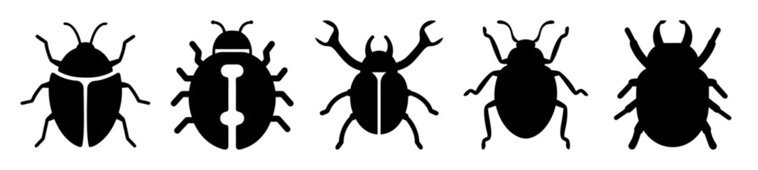 A graphical illustration of five diverse beetle silhouettes, all in black color