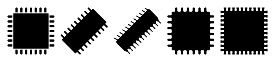 Five Black Microchips or Integrated Circuits Representing Technological Components and Digital Design