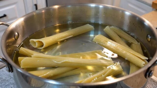 Boiling rigatoni pasta in water, a staple ingredient for Italian cuisine and cooking delicious, classic meals.