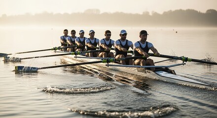 Rowing team in action on a calm lake at sunrise