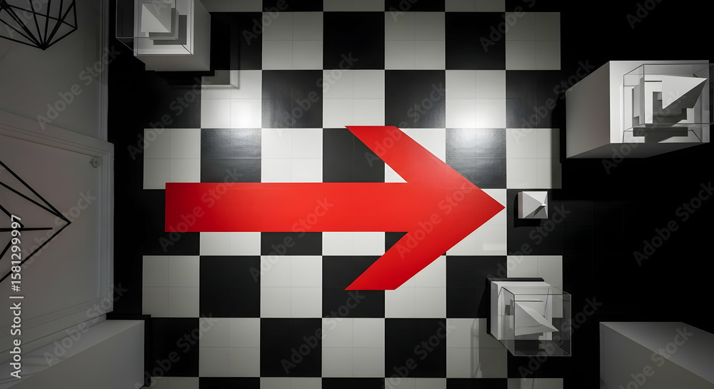 Fototapete intriguing optical illusion: a red arrow guides through a checkered reality with geometric forms