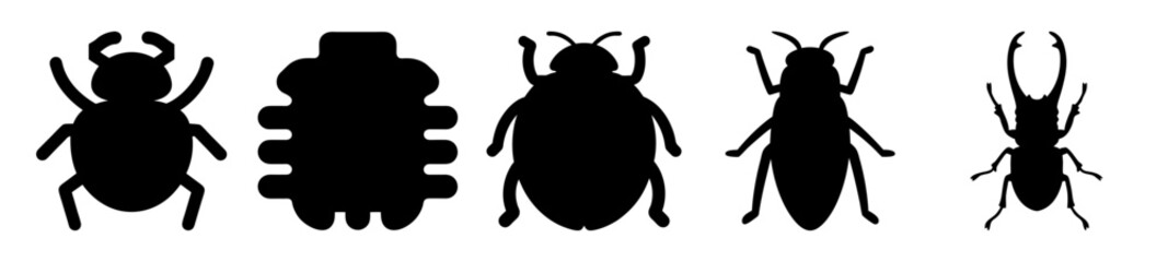 Silhouette of Five Different Beetle Species, Simple Vector Graphic Illustration