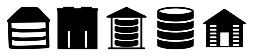 Black and white illustration of different kinds of silos and storage towers