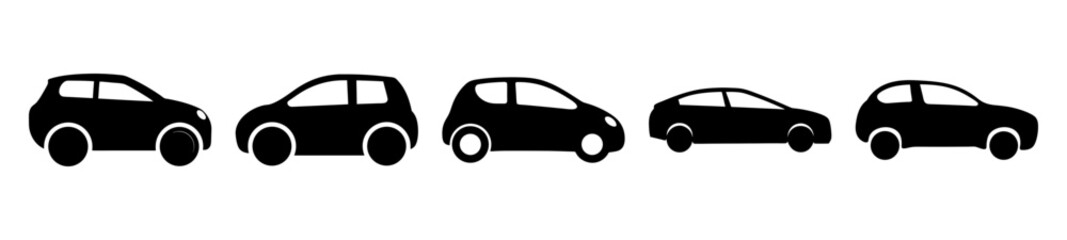 Obraz premium Collection of black cartoon style car icons in various shapes and sizes