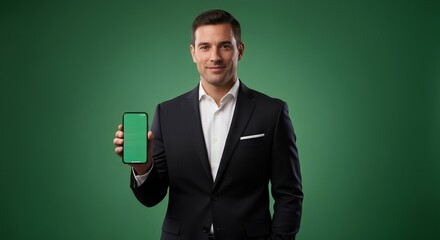 Confident businessman holding blank green screen smartphone for app presentation