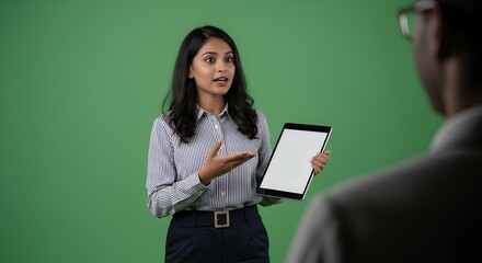 Confident Indian businesswoman presenting tablet on green screen to colleague