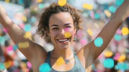 Joyful female athlete triumphantly crossing the finish line at an outdoor marathon.