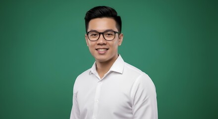 Confident young Asian man smiling in glasses and white shirt on green background