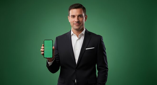 Confident businessman holding blank green screen smartphone for app presentation