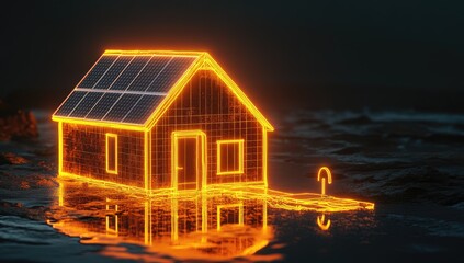 Floating house with solar panels, outlined in glowing orange
