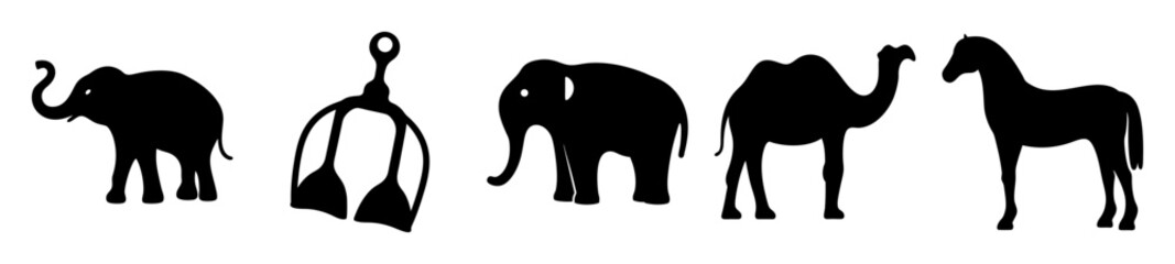 Silhouette Animal Collection Featuring Two Elephants, Camel, Horse and a strange shape