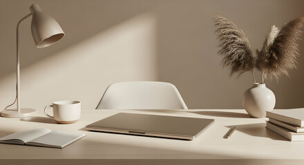 Minimalist Workplace With Laptop, Lamp, and Pampas Grass Still Life