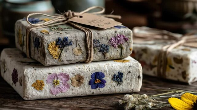 Handmade soaps decorated with dried flowers, rustic and natural