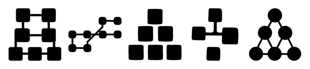 Abstract Black Shapes on White Background, Representing Interconnected Networks and Systems