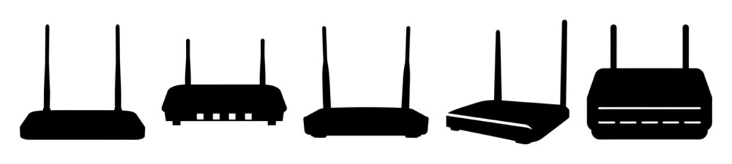 Illustration of multiple black wireless routers with various antenna configurations and styles