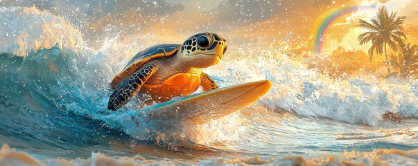 Colorful cartoon turtle surfing above ocean waves with a rainbow background