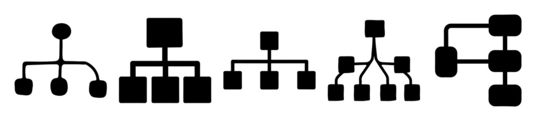 Stylized black and white hierarchical diagram of organization charts and data trees