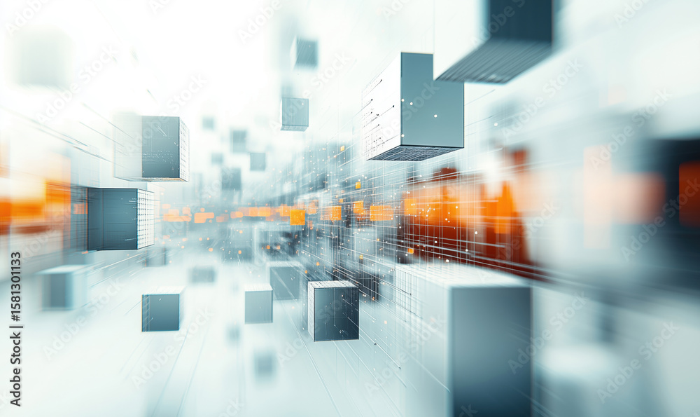 Poster abstract digital cubes in motion creating a sense of depth and technology.