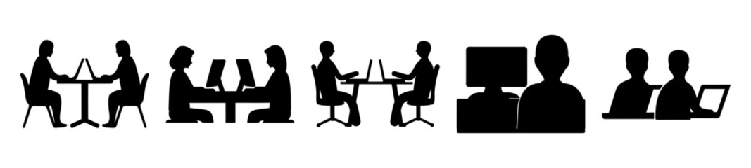 Silhouette of people using computers in different workspace arrangements vector illustration