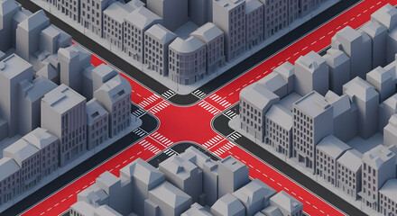 Isometric Cityscape Depicts A Complex Urban Intersection With Buildings And Roads