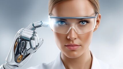 Woman with robotic arm and high-tech glasses representing artificial intelligence, cybernetic fusion and futuristic innovation, Generative AI