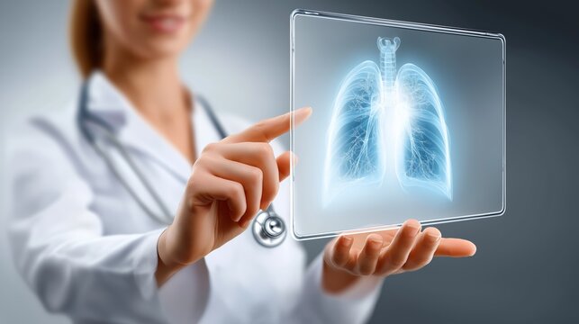 Female doctor analyzing virtual lungs on transparent display representing futuristic medical diagnostics and health technology, Generative AI