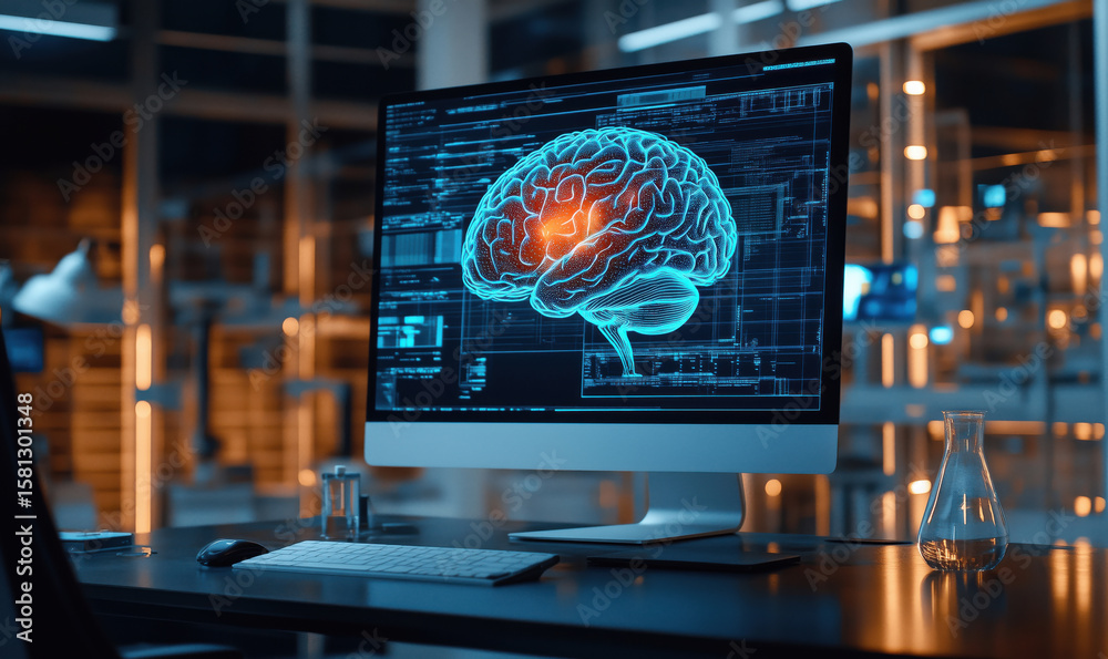 Poster digital brain visualization on computer screen in modern office environment.