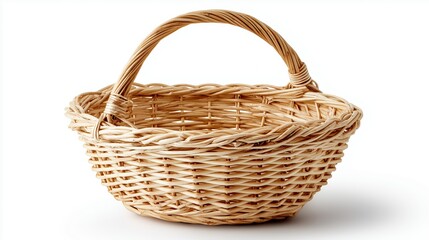 Empty handmade wicker basket with natural weave design and curved handle ideal for rustic storage or decoration, Generative AI