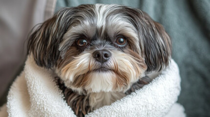 Groomer drying a freshly washed Shih Tzu with a soft towel, happy and playful expression
