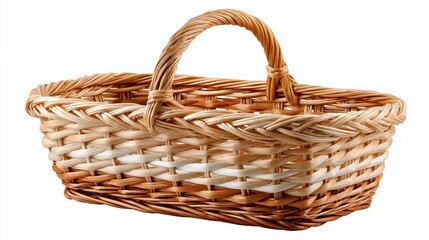 Empty handmade wicker basket with natural weave design and curved handle ideal for rustic storage or decoration, Generative AI