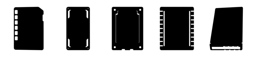 A collection of stylized black silhouettes of varying electronic device enclosures