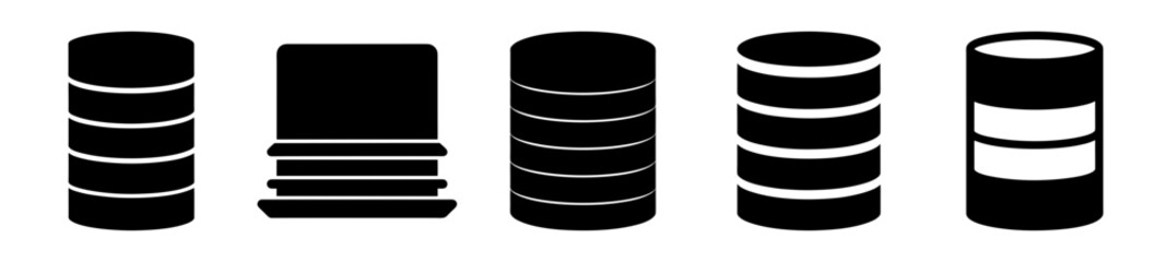 Black and white graphic representations of stacked databases on a white background