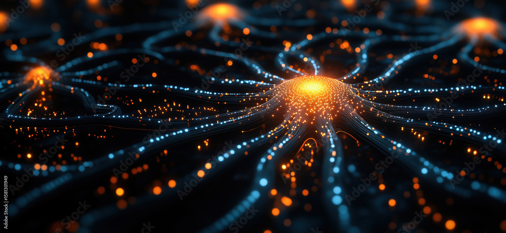Poster abstract neural network visualization with glowing nodes and interconnected pathways.