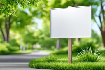 Blank white property sign in a lush green yard perfect for real estate advertisement or outdoor marketing messages, Generative AI