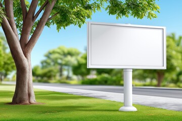 Blank white property sign in a lush green yard perfect for real estate advertisement or outdoor marketing messages, Generative AI