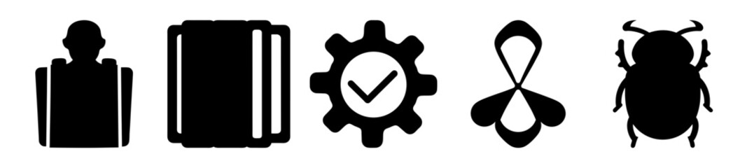 Black and White Icons Symbolizing Security, Settings, Flower, and Insect Features