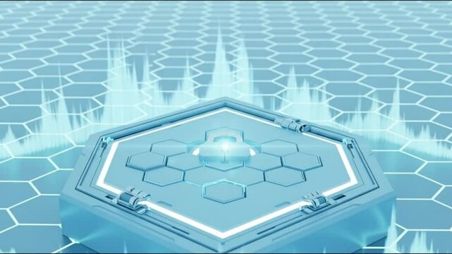 A futuristic hexagonal box with a lock on top against a hexagonal grid backdrop scene